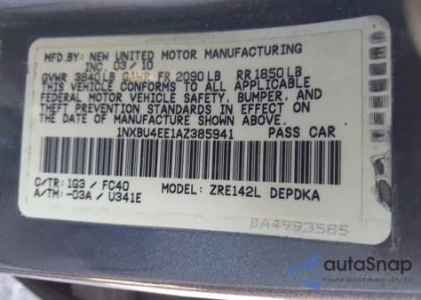 2010 Toyota Corolla Le z USA, uszkodzony, nr VIN 1NXBU4EE1AZ385941